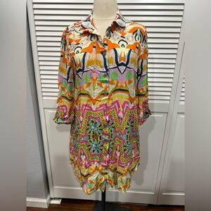 RENUAR Women's TROPICAL GEOMETRIC Knee Length Long Roll Up Sleeve Dress MEDIUM